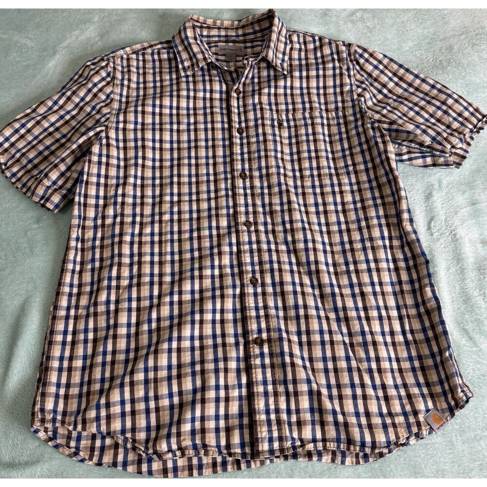 Carhartt Button Down Mens Large Blue Brown Plaid Relaxed Fit Short Sleeve 101552